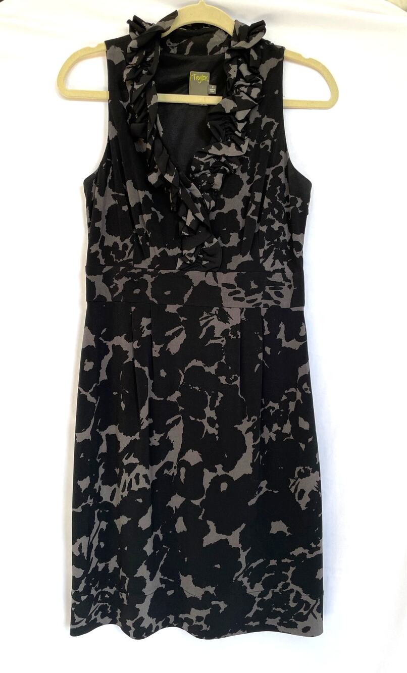 Taylor Ruffle Front Black Grey Sleeveless Sheath Abstract Floral Dress, Size 8